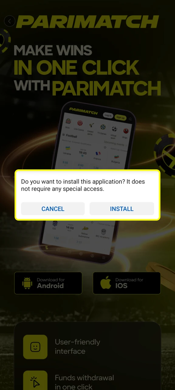 Start the installation of the Parimatch application.