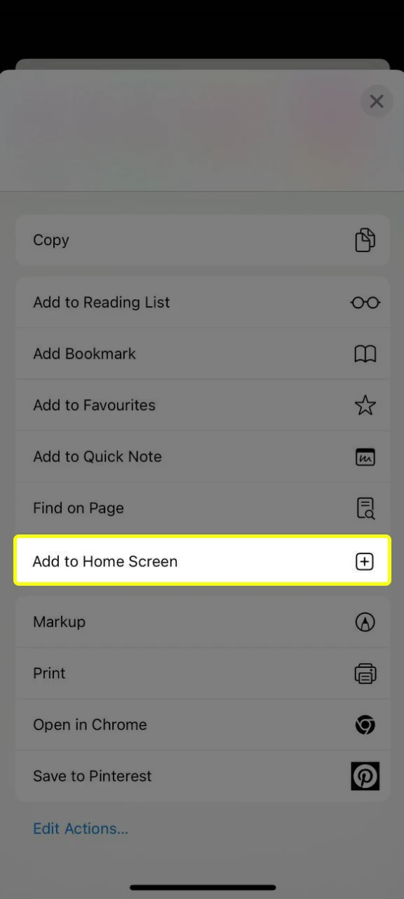 Click on share and the Add to Home screen button.