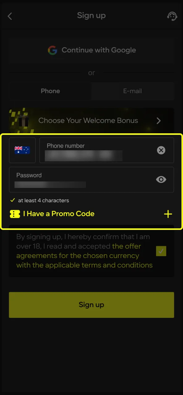 Fill in the blanks on the Parimatch website.