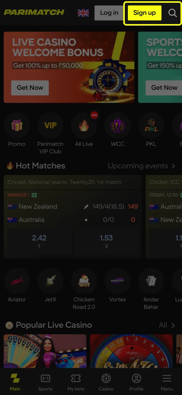 On the Parimatch website, click on the registration button in the right-hand corner.